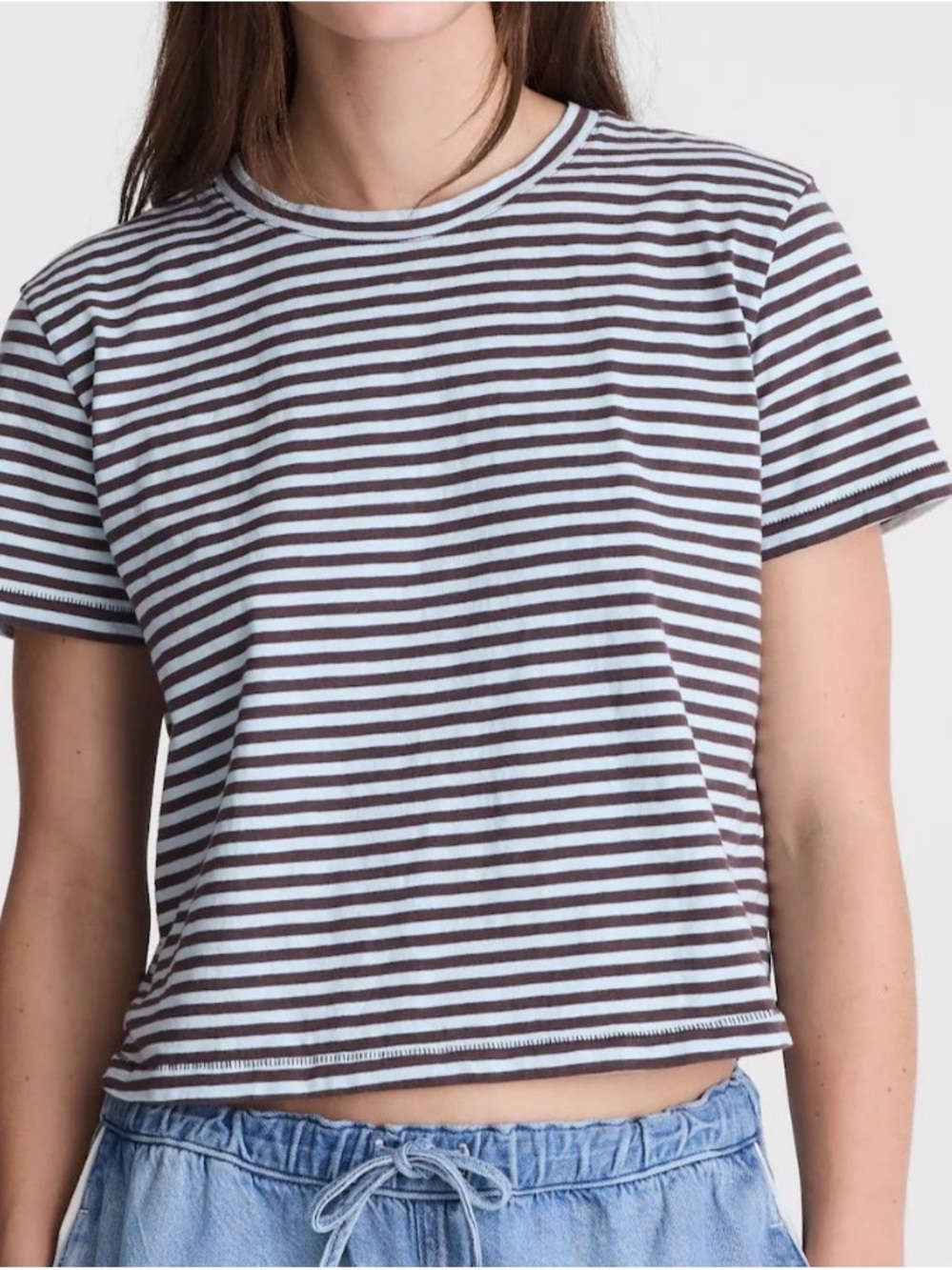 Madewell Easy Crop Crewneck Tee Stripes Chocolate Plum Color